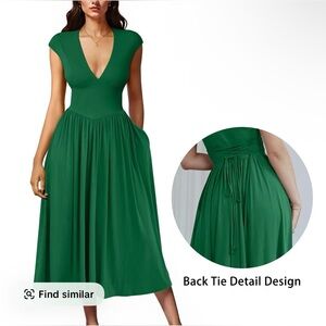 OYS Women's Deep V Neck Cap Sleeve Pleated Swing A Line Midi Dress